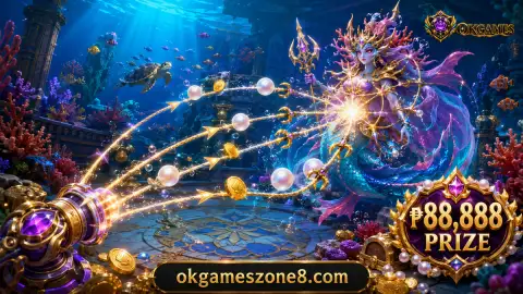 OKGAMES fishing tracking arcs connecting a foreground cannon with near and distant underwater targets