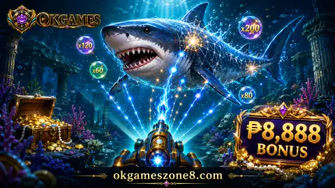 Large crystalline whale filling the OKGAMES fishing screen while smaller underwater targets surround it