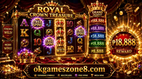 Illuminated OKGAMES slot cabinet settling into a jewel-toned midnight glow