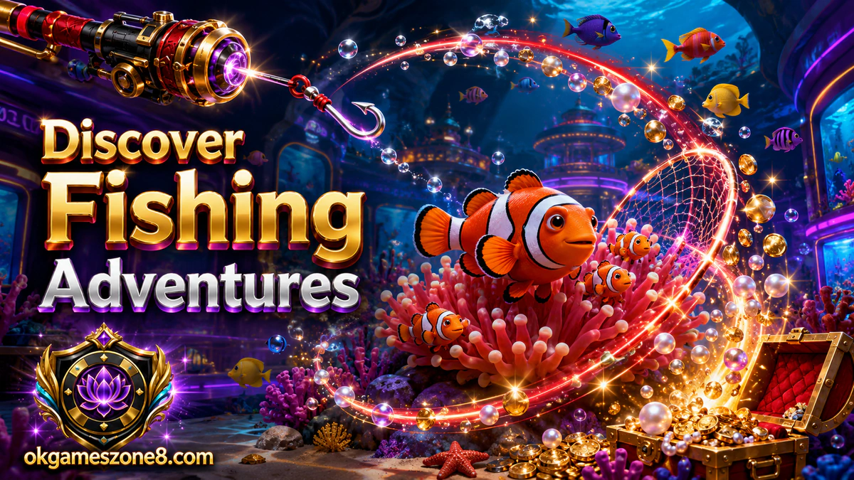 OKGAMES game download route opening into a sapphire underwater fishing scene on mobile