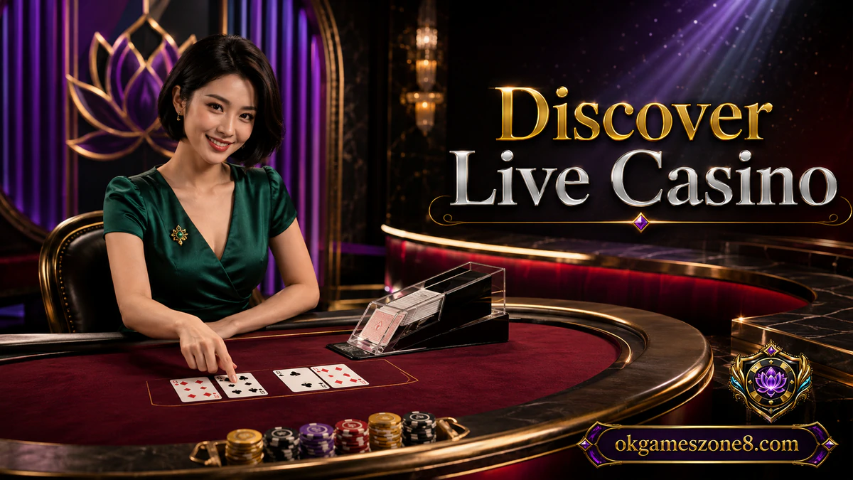 OKGAMES online casino live-table lobby opening toward a dealer-facing casino scene