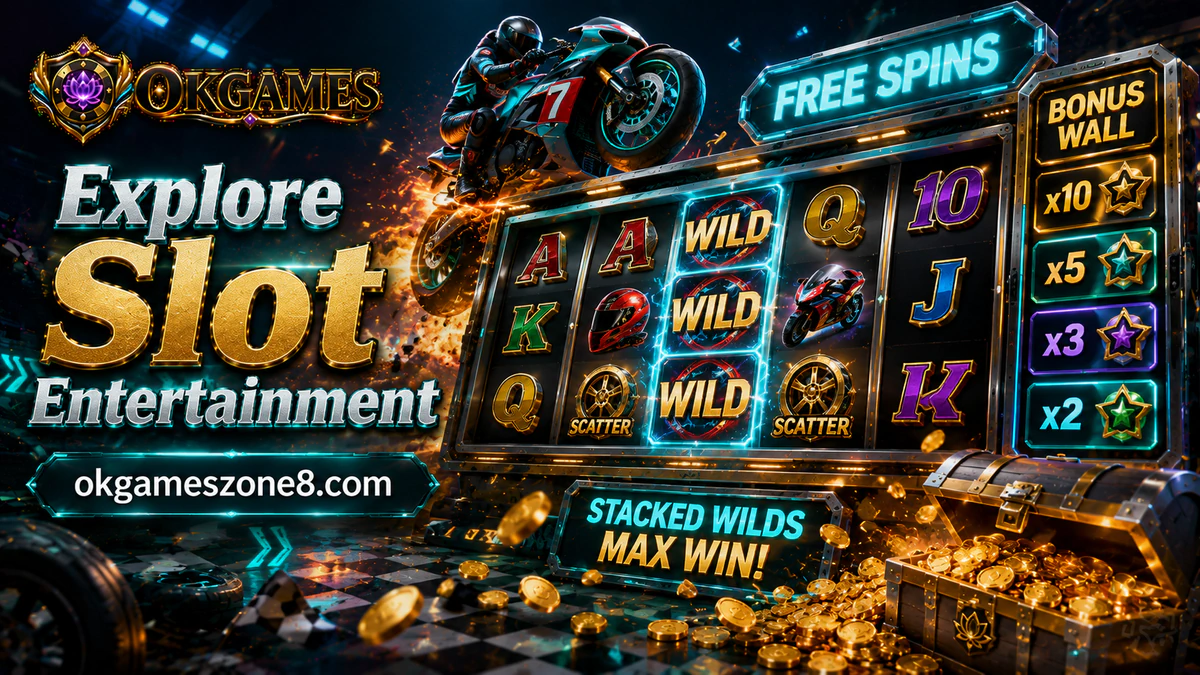 OKGAMES slot games late-night mobile shelf with jewel-toned cabinets under amethyst and gold light